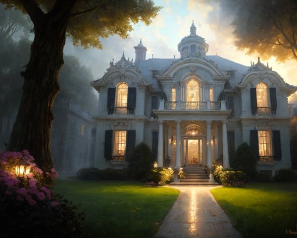 Opulent mansion with gardens at dusk glow