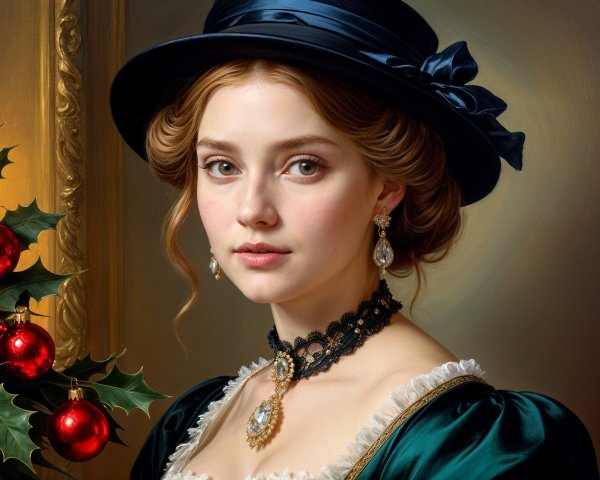 Victorian Woman in Green Dress with Holiday Decor