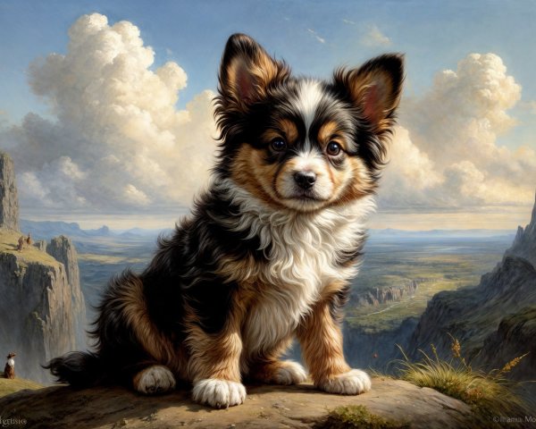 Fluffy Dog on Rocky Ledge with Scenic Landscape
