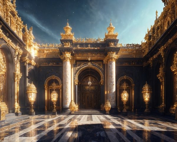 Opulent Hall with Golden Ornamentation and Grand Lanterns