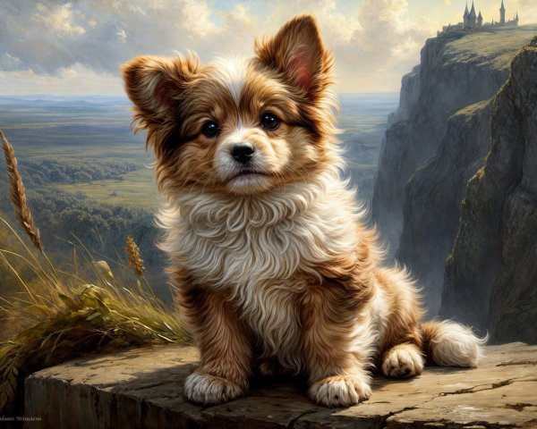 Fluffy Small Dog on Rocky Ledge with Scenic Hills