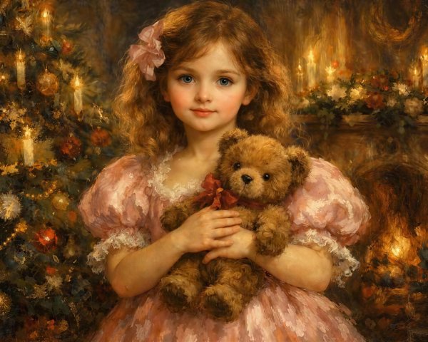 Detailed Oil Painting of Girl in Christmas Scene