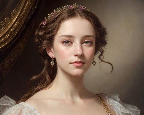 Portrait of young woman in floral crown and elegant attire