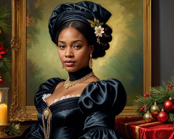 Elegant Woman in Black Gown with Festive Decor