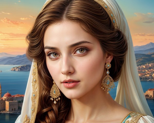 Portrait of a Young Woman with Scenic Coastal Backdrop