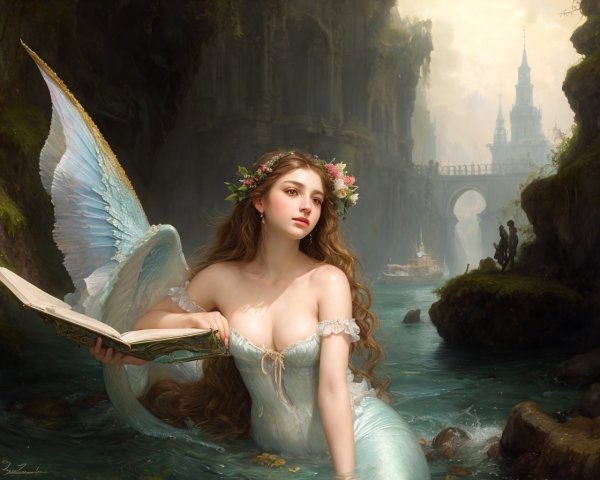 Woman with angelic wings reading by river with classical architecture