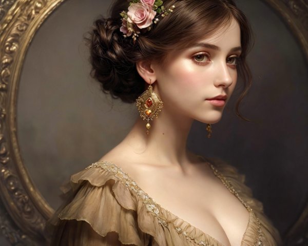 Portrait of a Young Woman in Vintage Fashion and Flowers