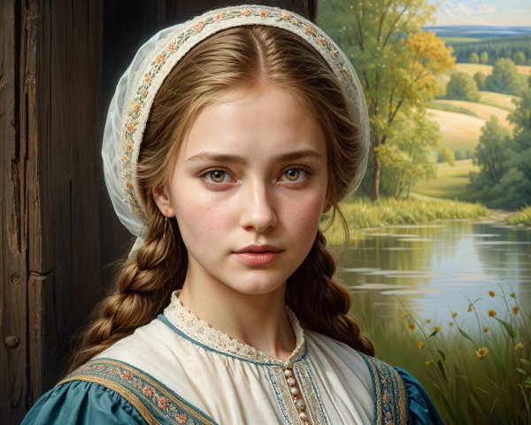 Young Girl in Traditional Dress with Serene Landscape