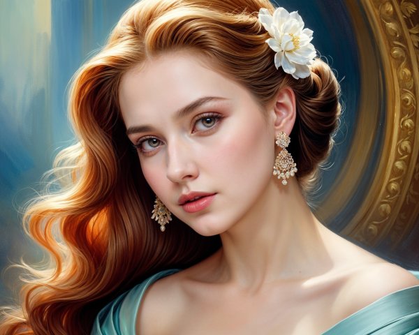 Portrait of a Young Woman in Teal Dress and Flowers