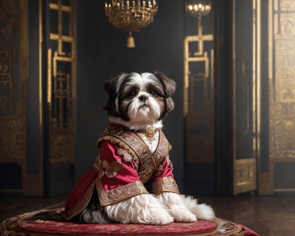 Shih Tzu dog in royal red costume on plush cushion with golden embroidery