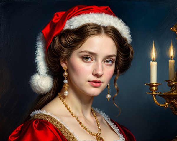 Young Woman in Red Gown with White Fur Accents