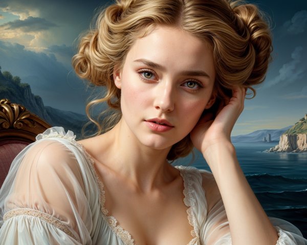 Young Woman in Sheer Blouse by Coastal Landscape