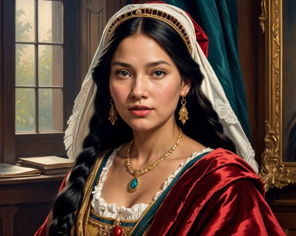 Young Woman in Historical Attire with Jewelry and Garden