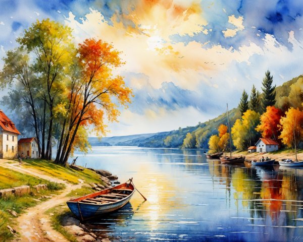 Tranquil Riverside Scene in Vibrant Watercolor