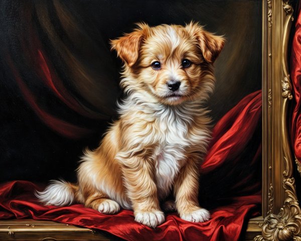 Fluffy Golden Puppy on Rich Red Drapery Background