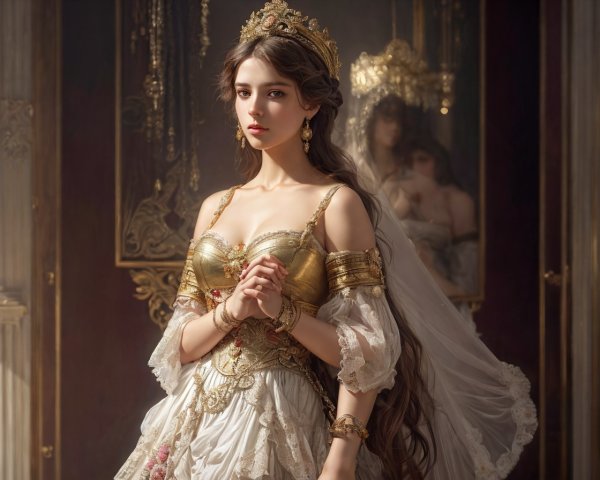 Historical woman in ornate dress with golden jewelry in classic room.