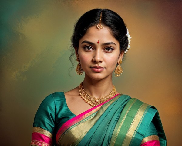 Young Woman in Vibrant Green Silk Saree and Jewelry