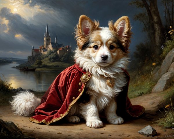 Regal Dog in Cloak Amidst Lush Landscape and Castle