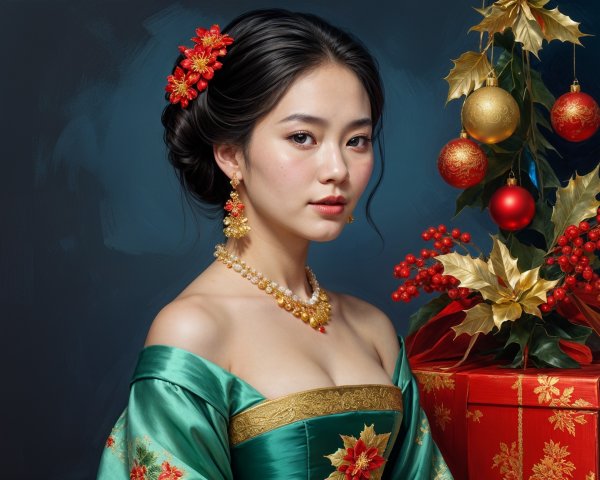 Elegant Young Woman in Green Gown with Holiday Decor