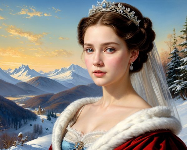 Young Woman in Regal Attire Against Winter Landscape