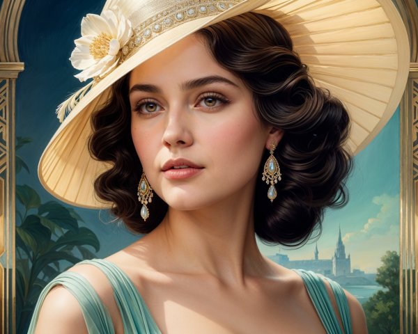 Young woman in hat against a serene landscape