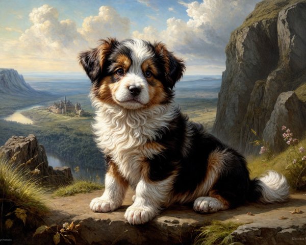 Fluffy Tri-Color Puppy in Scenic Landscape Setting