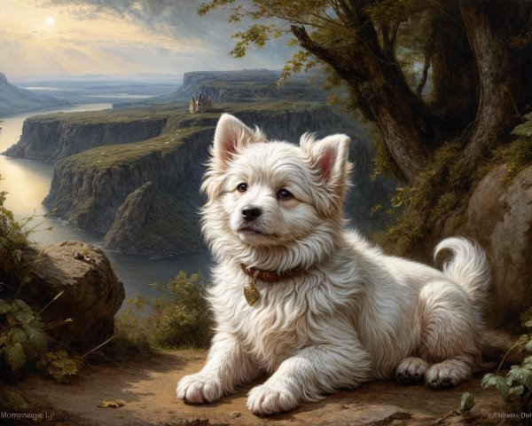 Fluffy White Dog on Rocky Ledge at Sunset