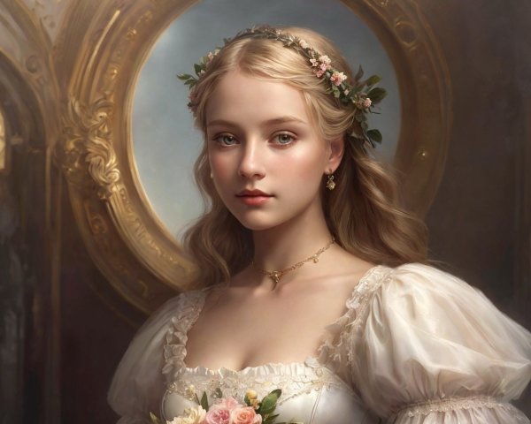 Young Woman in Floral Crown and Elegant Dress