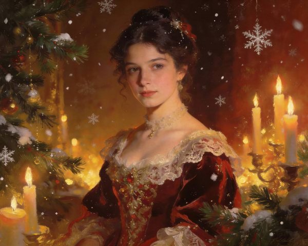 Painting of a woman in red dress by a Christmas tree