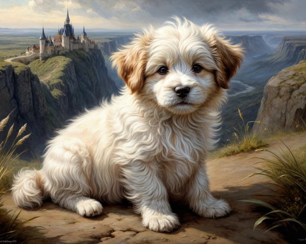 Golden puppy on hillside with castle backdrop