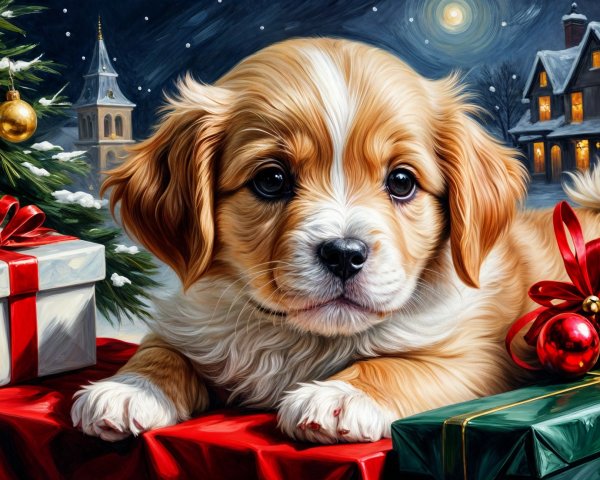 Puppy Among Colorful Holiday Gift Boxes in Winter Scene