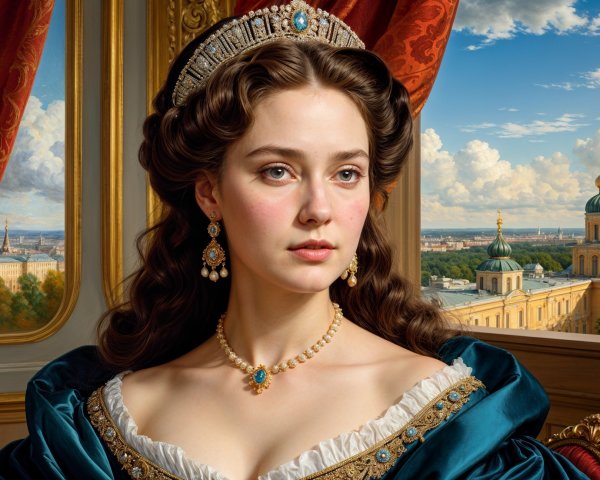 Regal Young Woman in Teal Gown by Grand Window