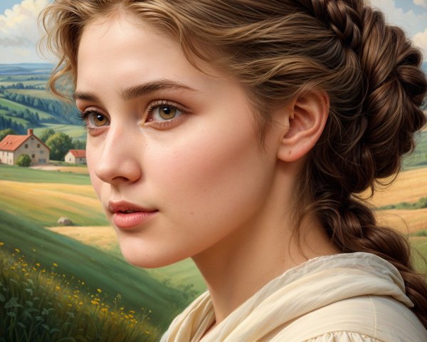 Young woman with braided hair in serene landscape