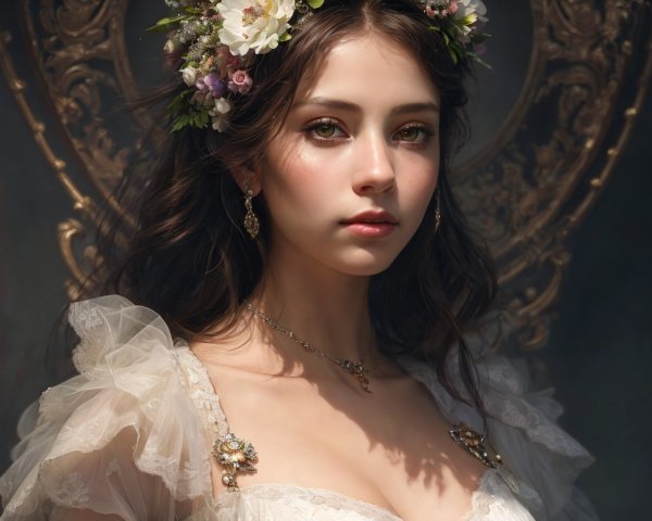 Young woman in vintage gown with floral crown and jewelry