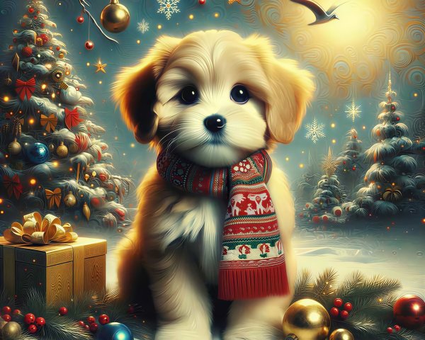 Fluffy Brown Puppy in Christmas Wonderland Scene