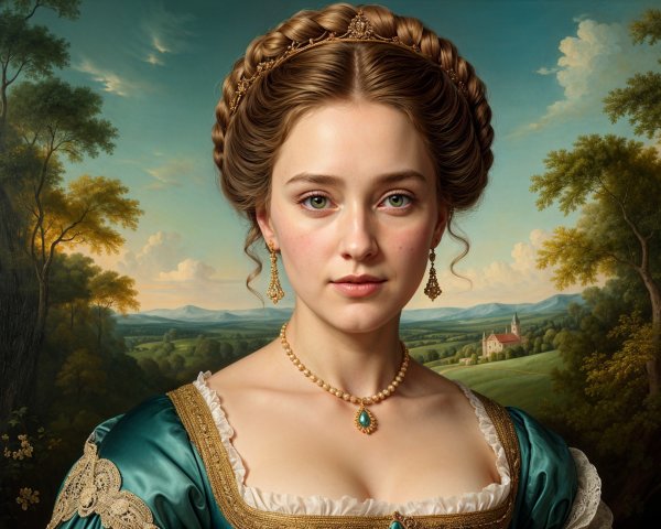 Young Woman in Teal Gown Against Pastoral Backdrop