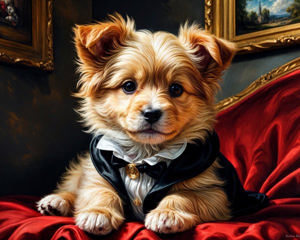 Fluffy Puppy in Tuxedo on Red Fabric Background