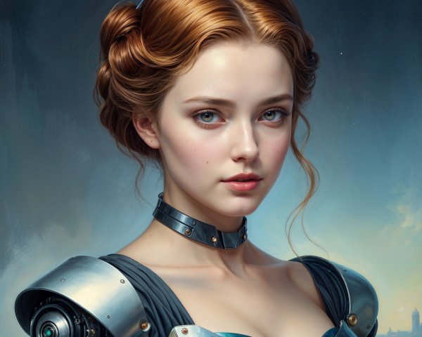 Young woman in futuristic outfit with auburn hair