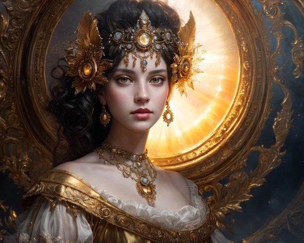 Regal woman in golden jewelry with sun-themed headdress and luminous halo.