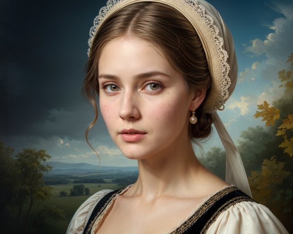 Young Woman in Traditional Outfit Against Scenic Landscape