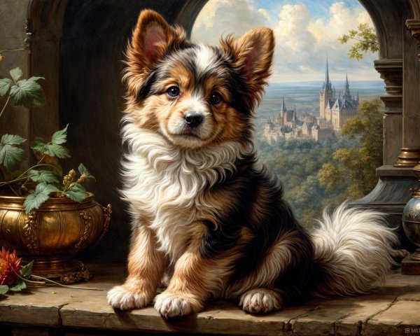 Charming Puppy in Elegant Castle Setting with Hills
