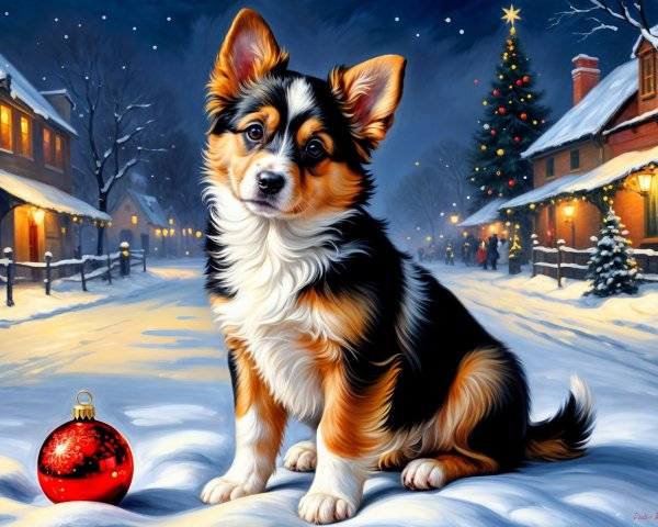 Corgi Puppy in Snowy Village with Holiday Decorations
