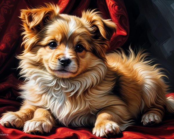 Golden-brown dog on rich red fabric background