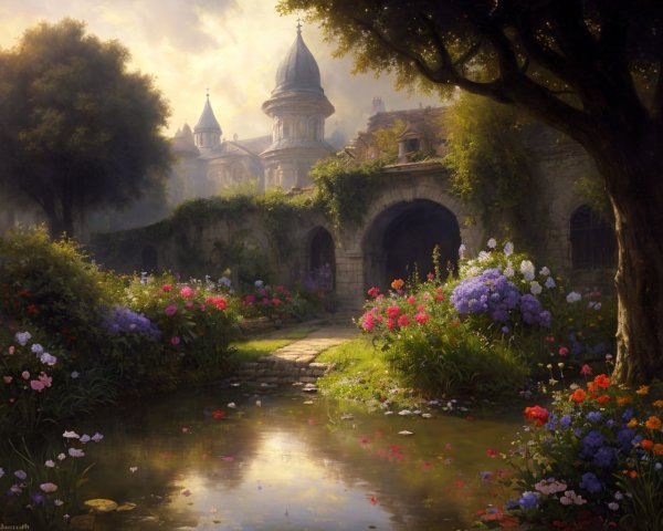 Tranquil garden with colorful flowers, stream, bridge, and castle in misty sunlight