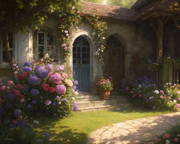Charming cottage with hydrangeas and roses under warm sunlight