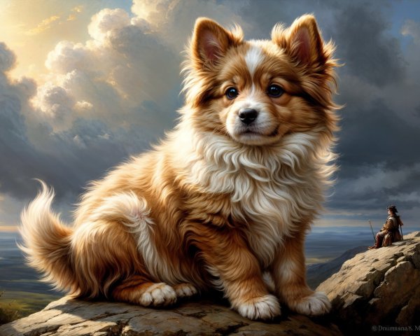 Golden-brown puppy on rocky ledge with dramatic sky