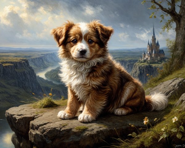 Fluffy Dog on Rocky Ledge Overlooking Scenic Landscape