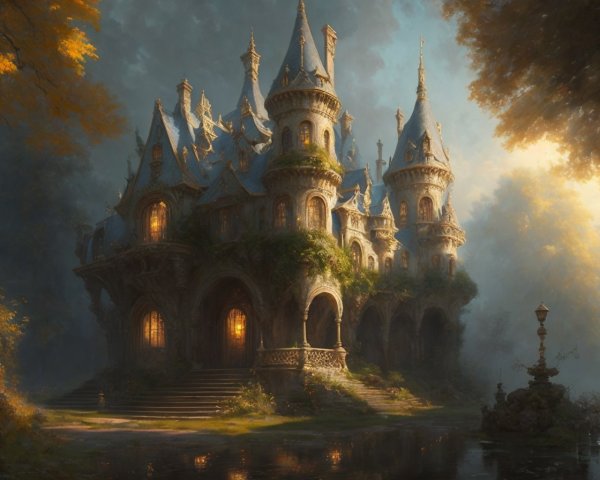 Majestic fairy-tale castle in autumnal woods by serene lake