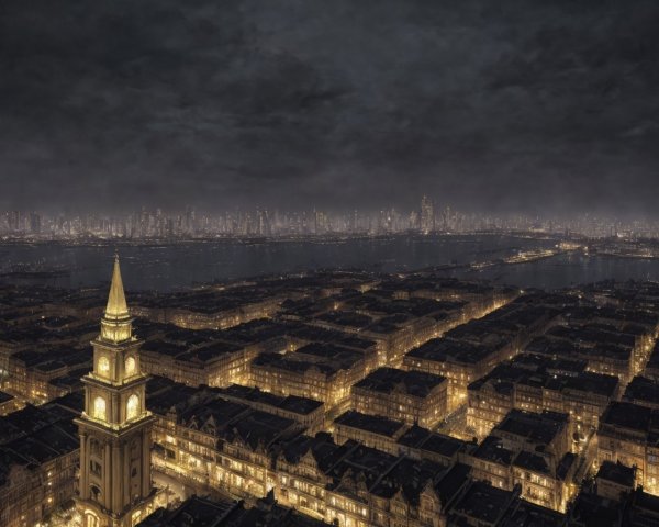 Cityscape with illuminated church tower at night