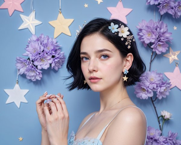Young Woman with Bob Hairstyle and Floral Accents